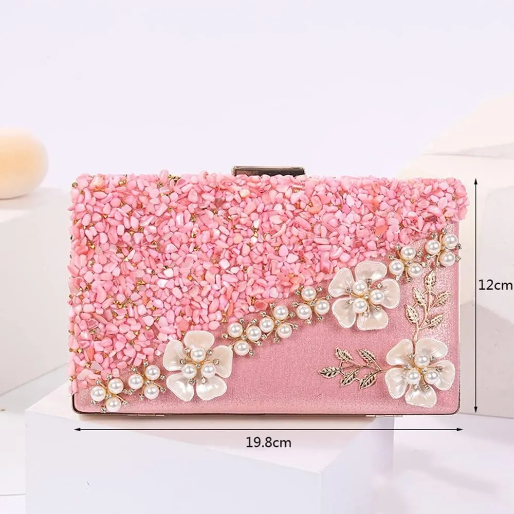 Handbag with Pearls for Women, Elegant Night Handbag with Shoulder Straps, Flower Rhinestone Party Wedding Clutch (Color : Gold)