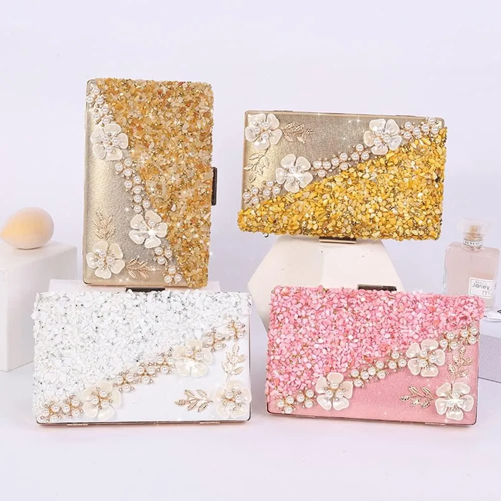 Handbag with Pearls for Women, Elegant Night Handbag with Shoulder Straps, Flower Rhinestone Party Wedding Clutch (Color : Gold)