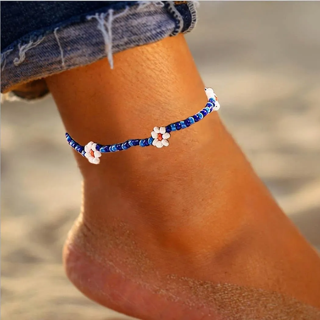 Handmade Beaded Anklet Colored Flower Foot Chain Boho Ankle Bracelet Extension Ankle Accessories Sea Foot Slave Chain Jewelry for Women