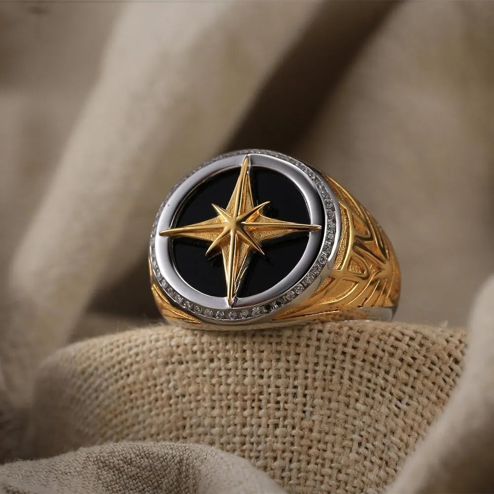 Handmade Black Onyx Compass Ring for Men, 925 Sterling Silver 4444 Cubic Zirconia, Viking Vegvisir Faith Jewelry Gift, Ring Size 10-13