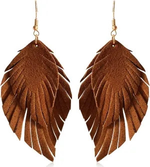 Handmade Bohemian Large Soft Genuine Leather Fringe Double Feather Dangle Drop Earrings Lightweight Simple Color PU Leaf Hook Earrings for Women