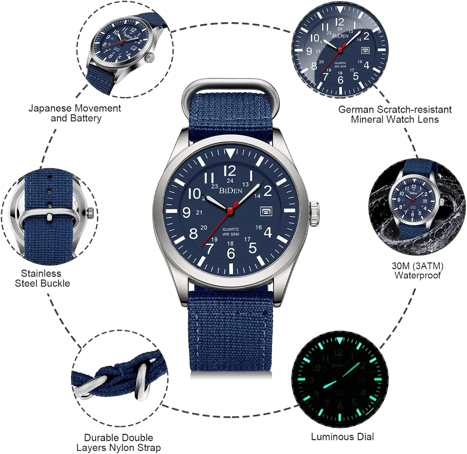 HANPOSH Mens Watches Military Army Analog Quartz Waterproof Wrist Watch for Men Date Display Nylon Tactical Field Sports Wristwatch