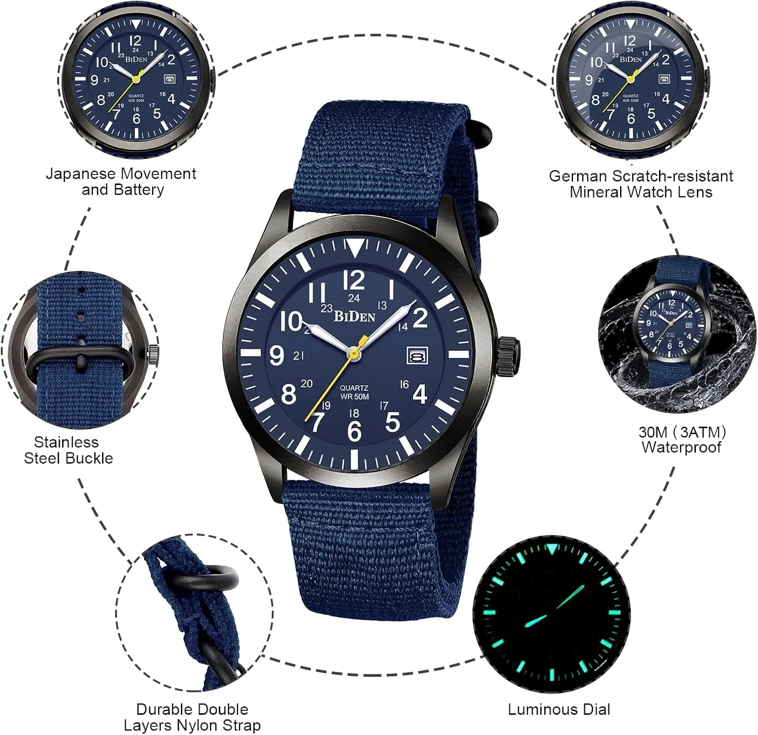 HANPOSH Mens Watches Military Army Analog Quartz Waterproof Wrist Watch for Men Date Display Nylon Tactical Field Sports Wristwatch