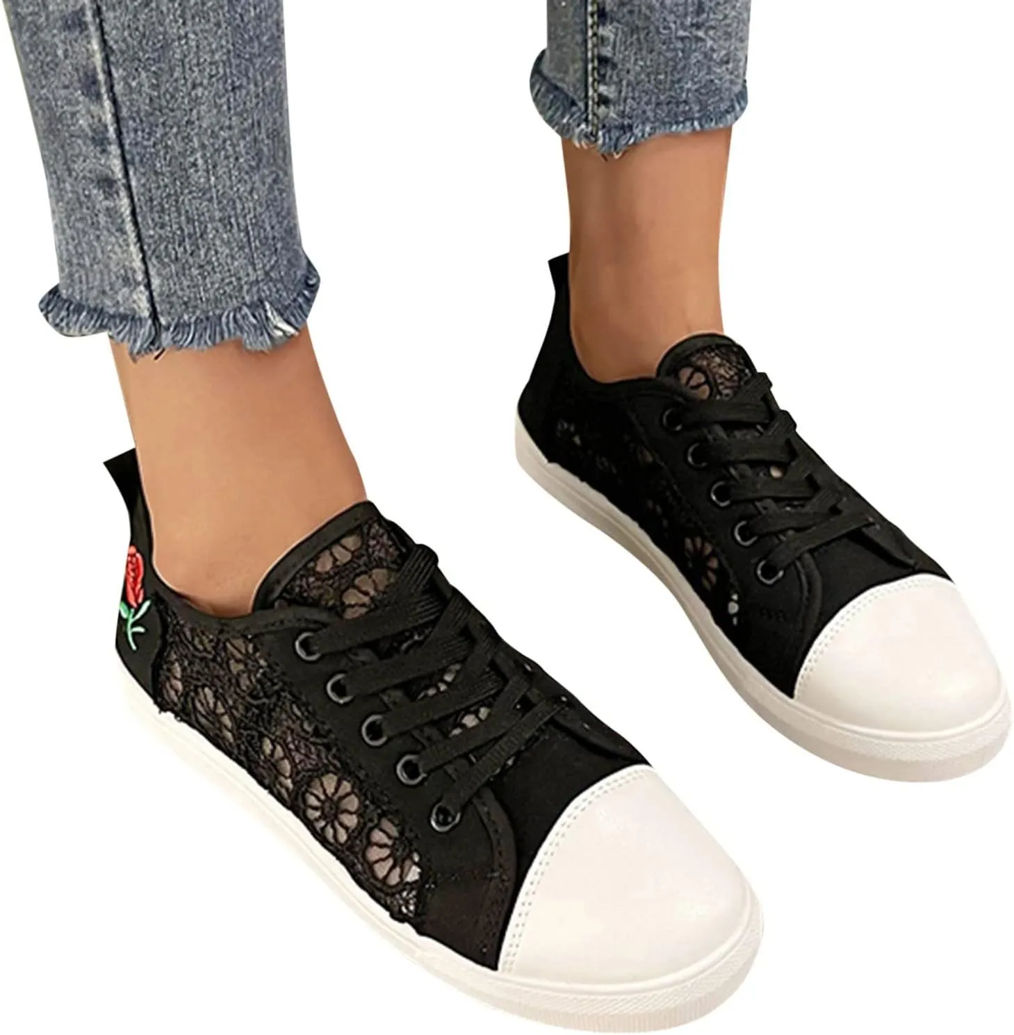 Hbeylia Fashion Sneakers for Women Girls Lace Flower Embroidered Chunky Bottom Walking Running Tennis Shoes Lightweight Breathable Mesh Lace Up Low Top Athletic Sport Shoes