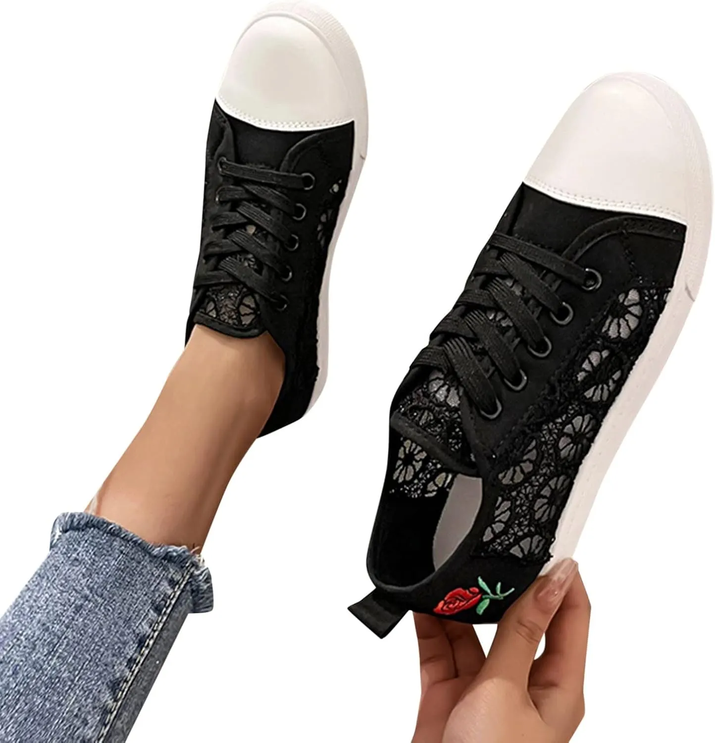 Hbeylia Fashion Sneakers for Women Girls Lace Flower Embroidered Chunky Bottom Walking Running Tennis Shoes Lightweight Breathable Mesh Lace Up Low Top Athletic Sport Shoes