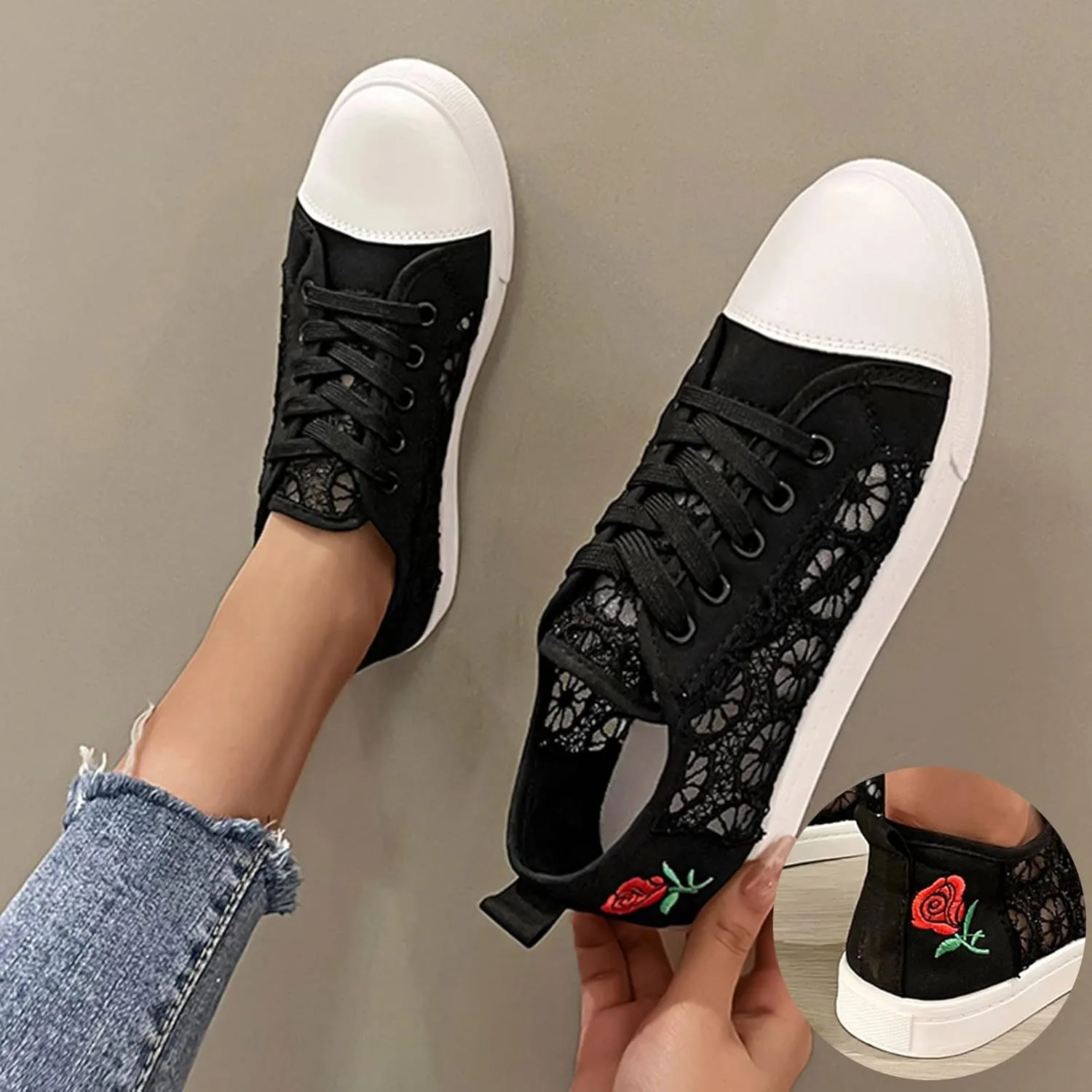 Hbeylia Fashion Sneakers for Women Girls Lace Flower Embroidered Chunky Bottom Walking Running Tennis Shoes Lightweight Breathable Mesh Lace Up Low Top Athletic Sport Shoes