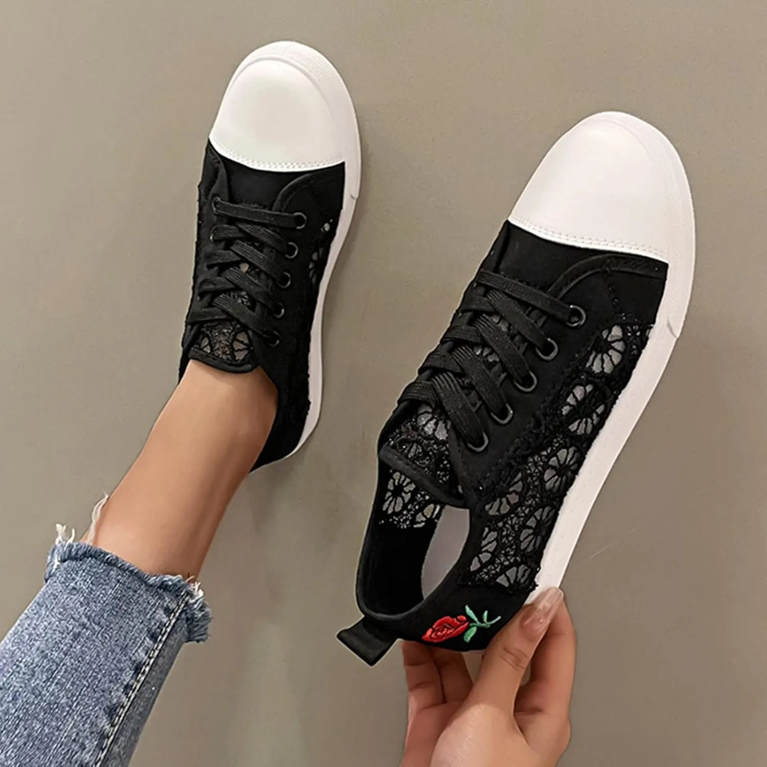 Hbeylia Fashion Sneakers for Women Girls Lace Flower Embroidered Chunky Bottom Walking Running Tennis Shoes Lightweight Breathable Mesh Lace Up Low Top Athletic Sport Shoes