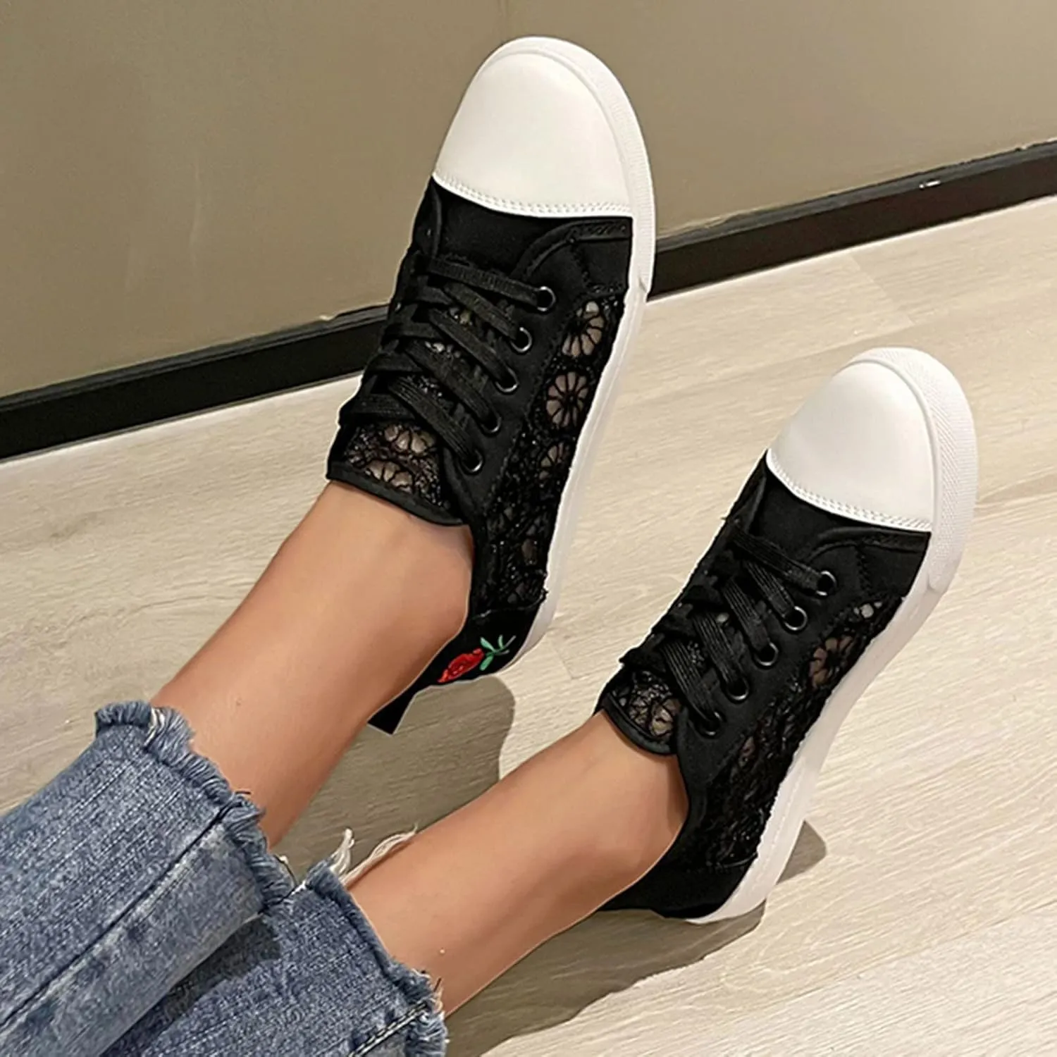 Hbeylia Fashion Sneakers for Women Girls Lace Flower Embroidered Chunky Bottom Walking Running Tennis Shoes Lightweight Breathable Mesh Lace Up Low Top Athletic Sport Shoes