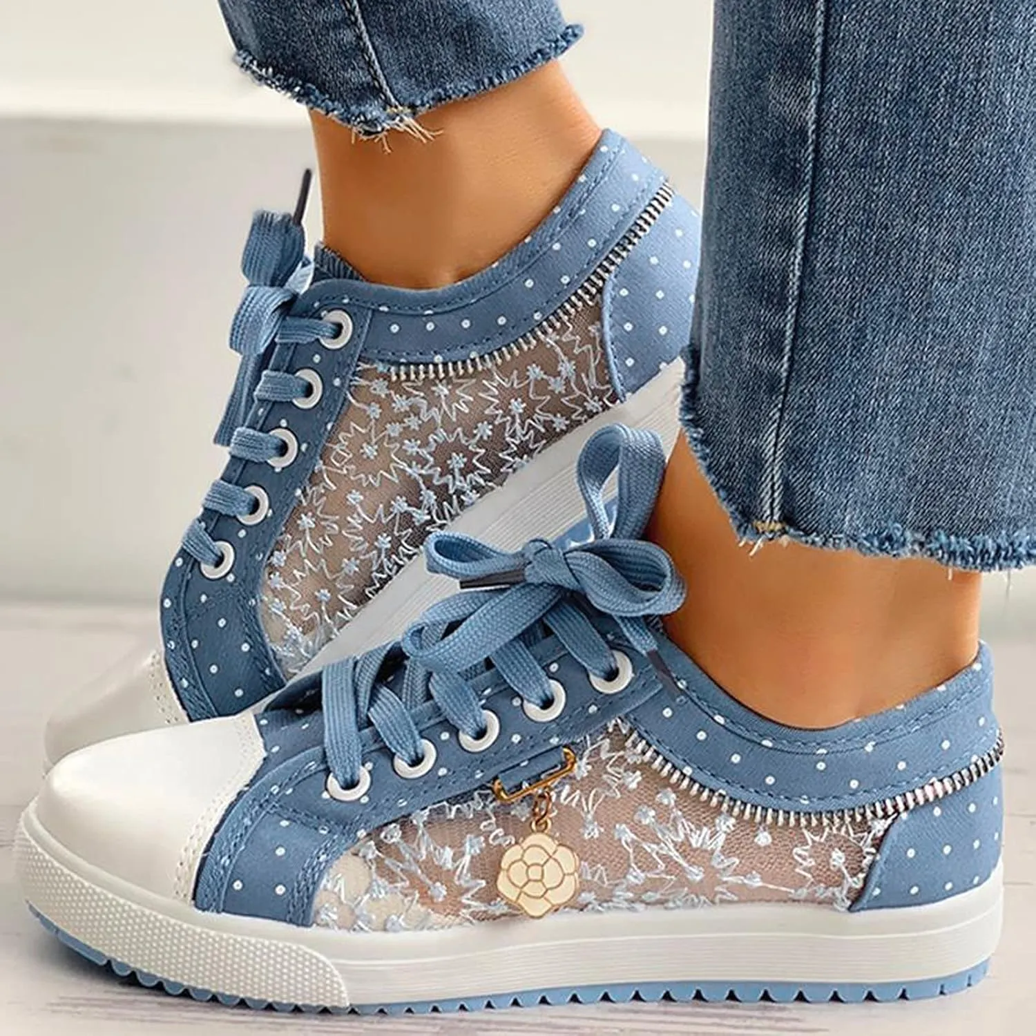 Hbeylia Lace Floral Embroidered Loafers for Women Girls Breathable Anti Slip Mesh Low Top Canvas Shoes Chunky Bottom Lace Up Play Sneakers Walking Shoes for Autumn Outdoor Travel Wedding