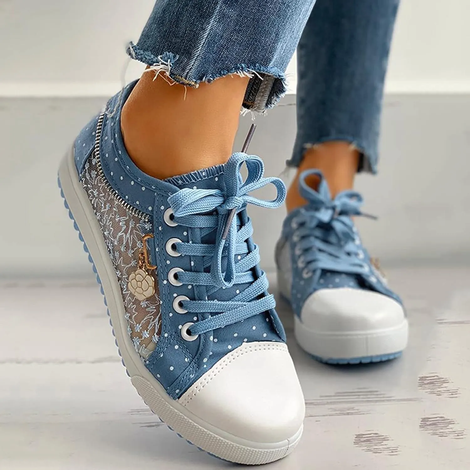 Hbeylia Lace Floral Embroidered Loafers for Women Girls Breathable Anti Slip Mesh Low Top Canvas Shoes Chunky Bottom Lace Up Play Sneakers Walking Shoes for Autumn Outdoor Travel Wedding