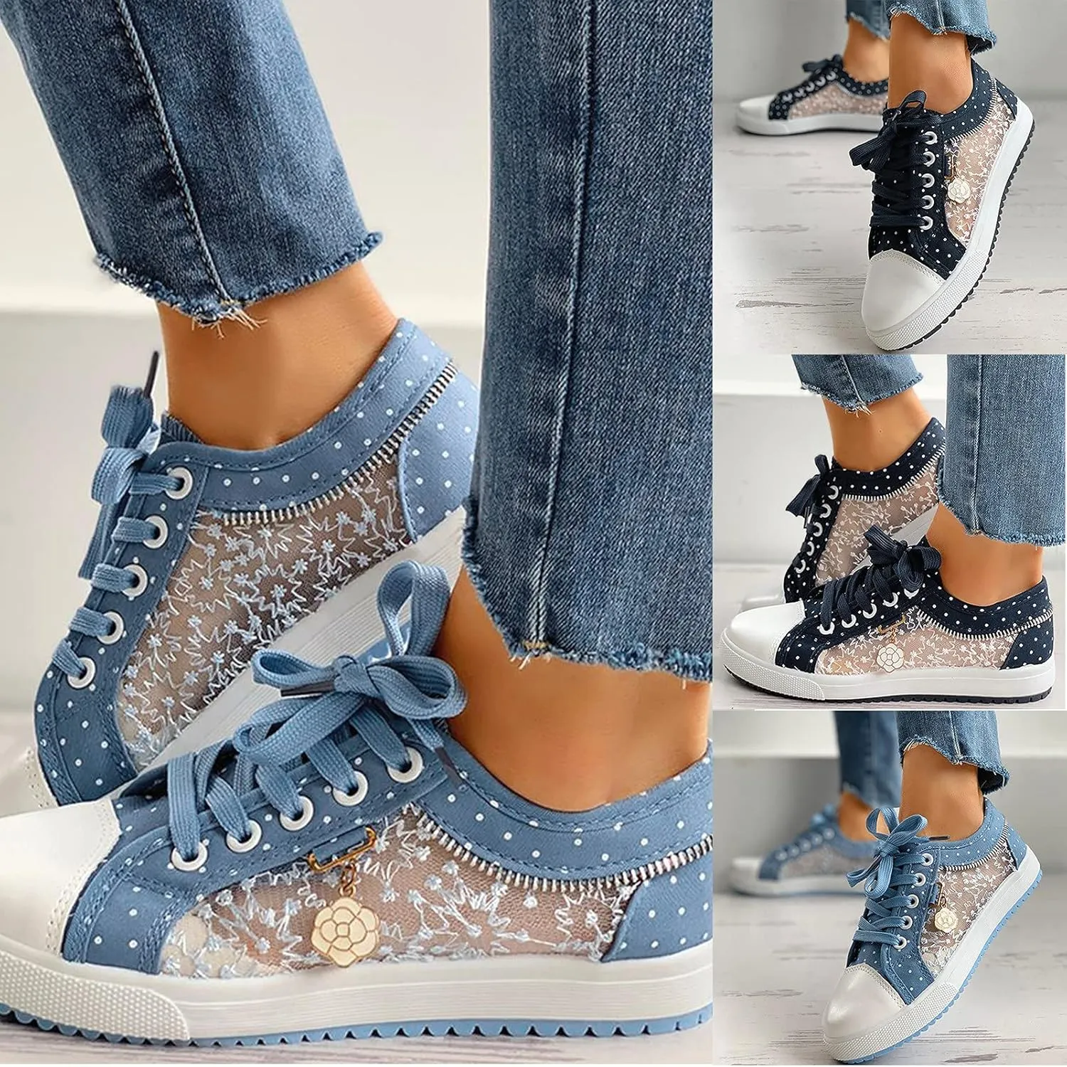 Hbeylia Lace Floral Embroidered Loafers for Women Girls Breathable Anti Slip Mesh Low Top Canvas Shoes Chunky Bottom Lace Up Play Sneakers Walking Shoes for Autumn Outdoor Travel Wedding