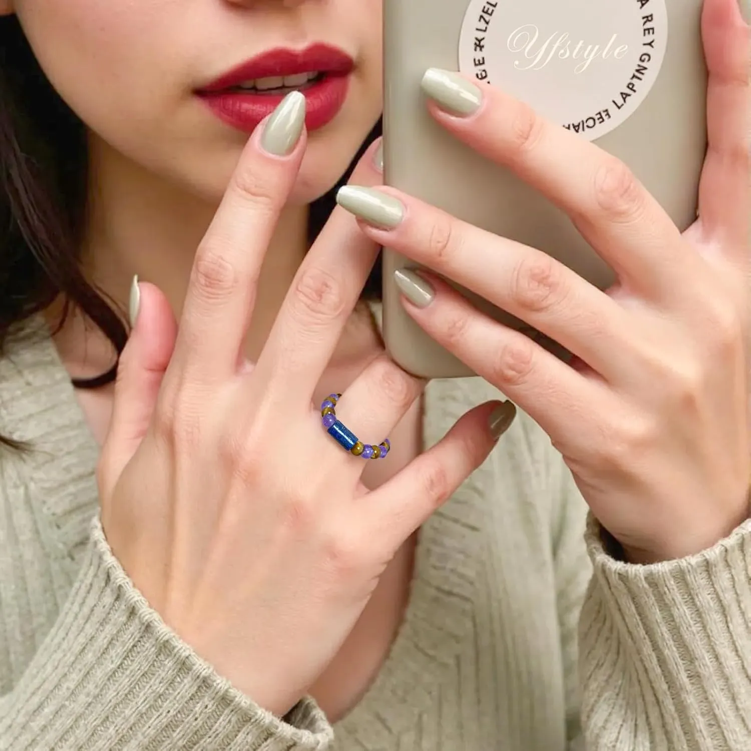 Healing Crystal Ring Spiritual Stretch Crystal Rings for Women Men Natural Stone Anxiety Rings Empath Protection Ring Natural Gemstones Rings Jewelry Gifts