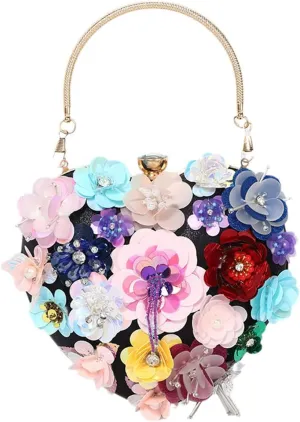 Heart Design Flower Evening Bags With Diamonds Handmade Party Wedding Bridal Day Clutch Handbags