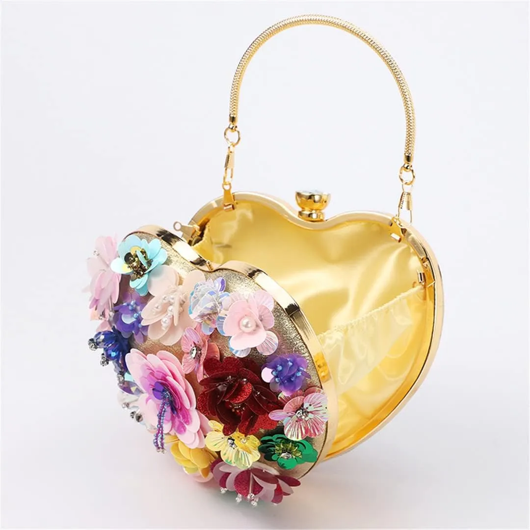 Heart Design Flower Evening Bags With Diamonds Handmade Party Wedding Bridal Day Clutch Handbags