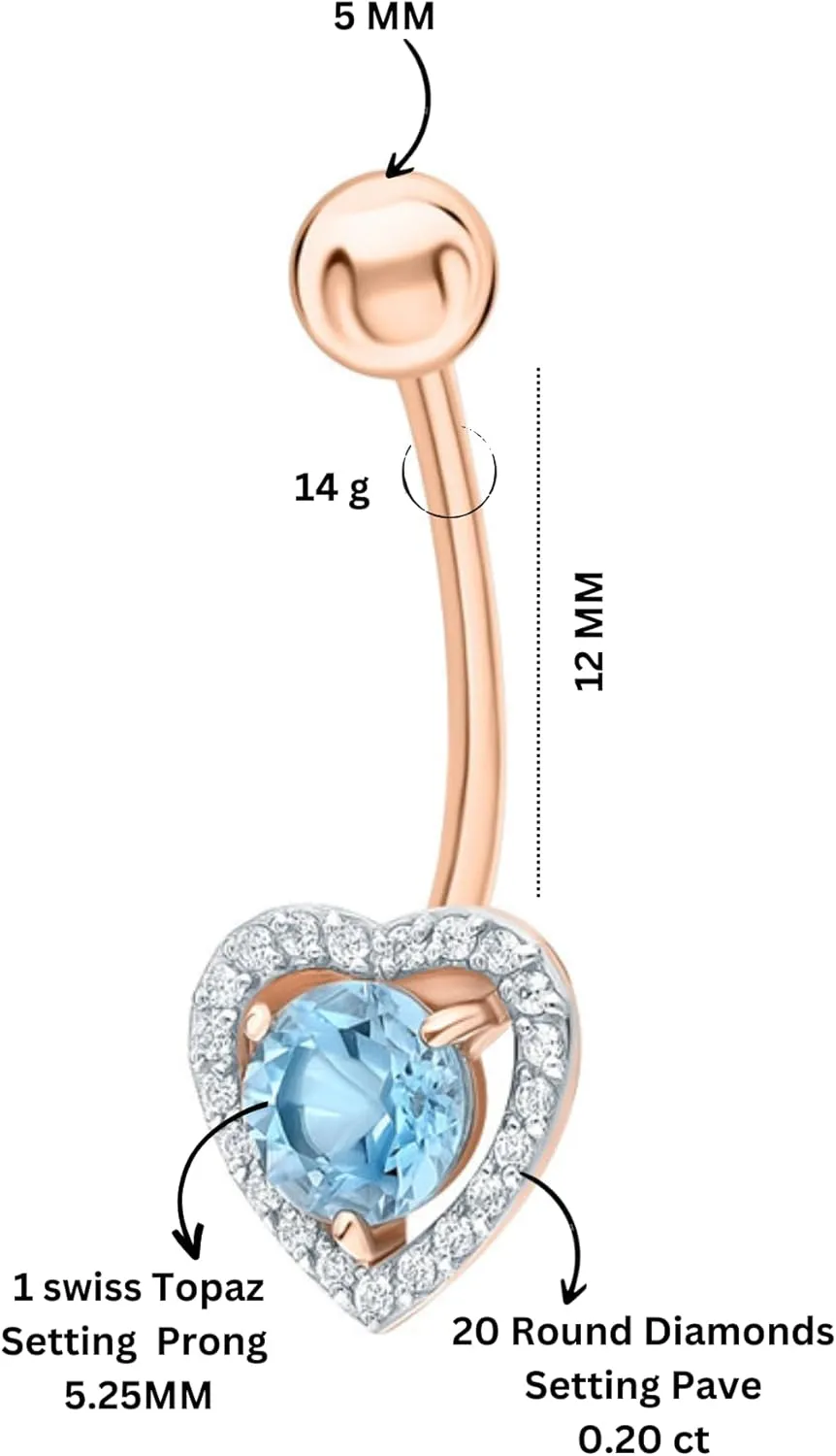 Heart Shaped Topaz Navel Belly, 14K Gold Diamond (0.76ct) Belly Button Ring, Colourful Gemstone Floating Navel Ring, Body Jewelry, Gift For Her.