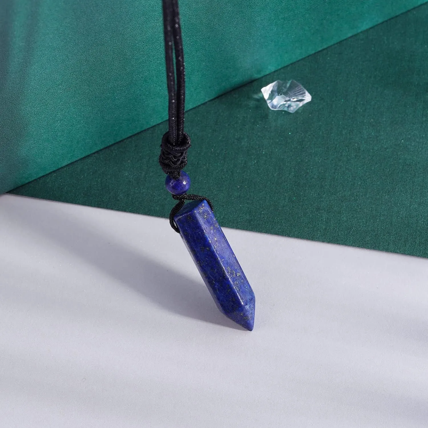 Hexagonal Crystal Points Pendant Necklace Black Obsidian Healing Stone Necklace Adjustable Rope Reiki Gemstone Necklace Handmade Jewelry for Men Women