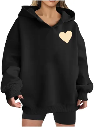 HGps8w Oversized Hoodies for Women Cute Heart Print Tops Loose Pullover Casual Long Sleeve Drop Shoulder Hooded Sweatshirt