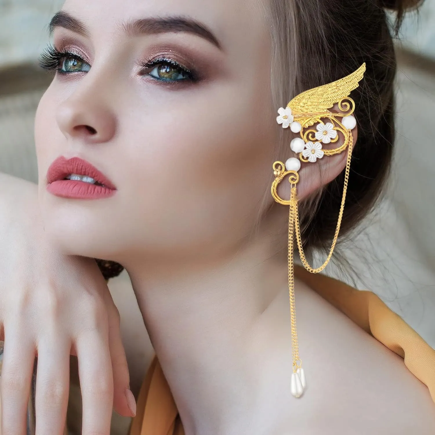 Hicarer Fairy Leaf Crown Headpiece Elf Ears Cuffs Rhinestone Elven Wings Tiara for Wedding Party Cosplay Costume Accessories(Gold)