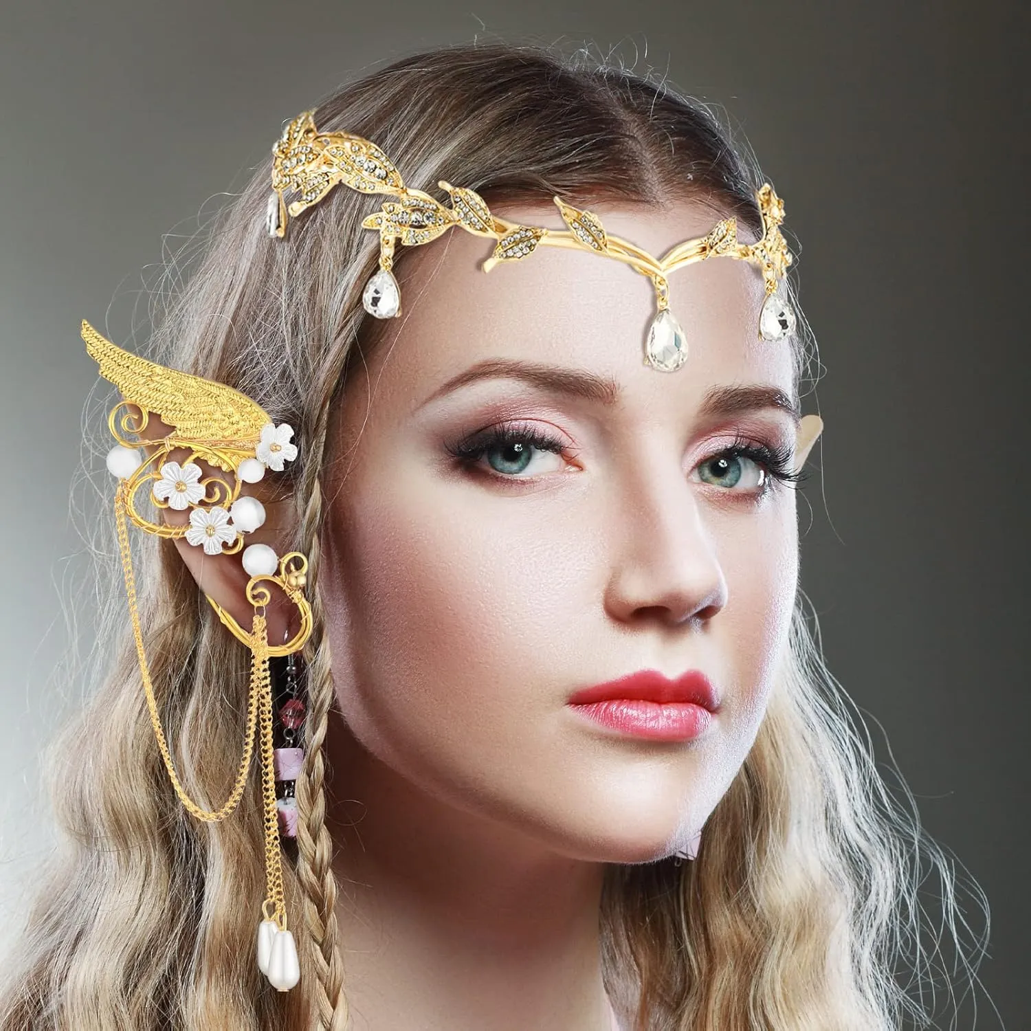 Hicarer Fairy Leaf Crown Headpiece Elf Ears Cuffs Rhinestone Elven Wings Tiara for Wedding Party Cosplay Costume Accessories(Gold)