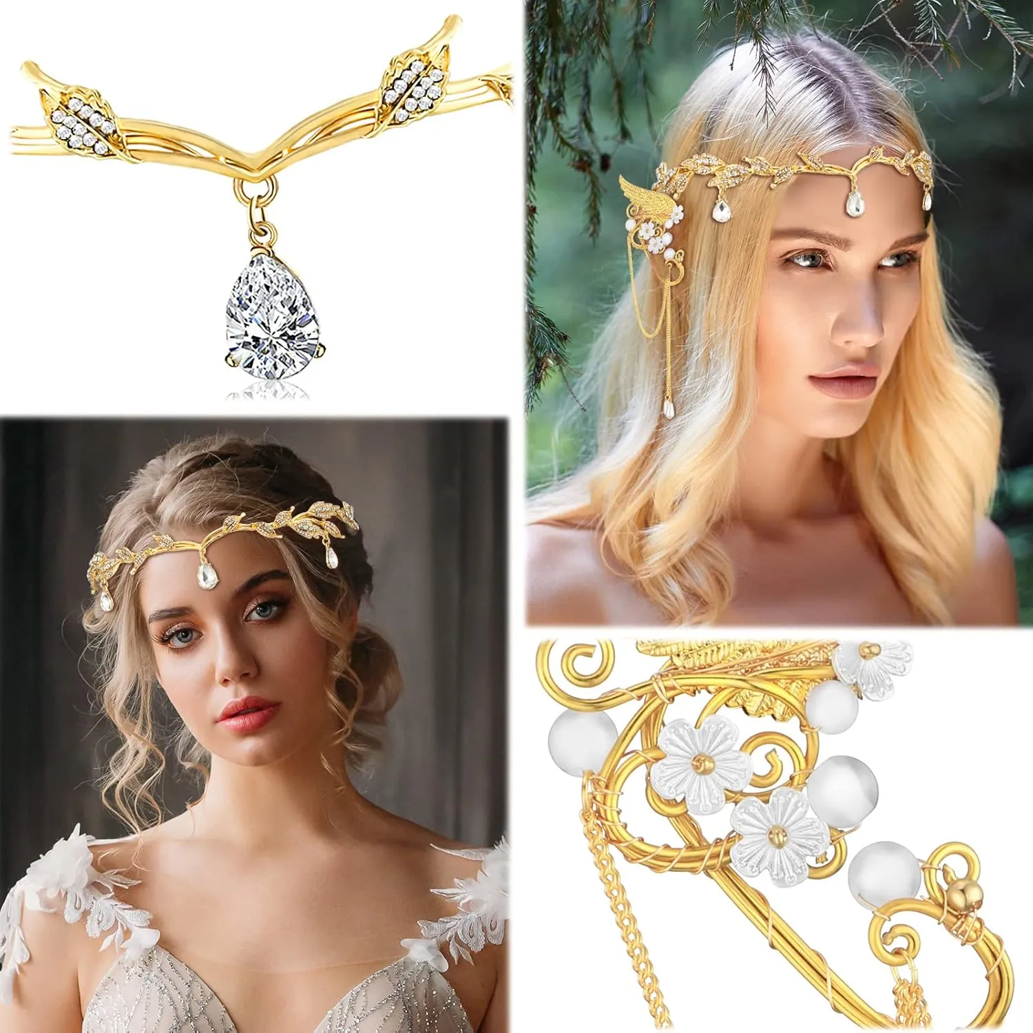 Hicarer Fairy Leaf Crown Headpiece Elf Ears Cuffs Rhinestone Elven Wings Tiara for Wedding Party Cosplay Costume Accessories(Gold)