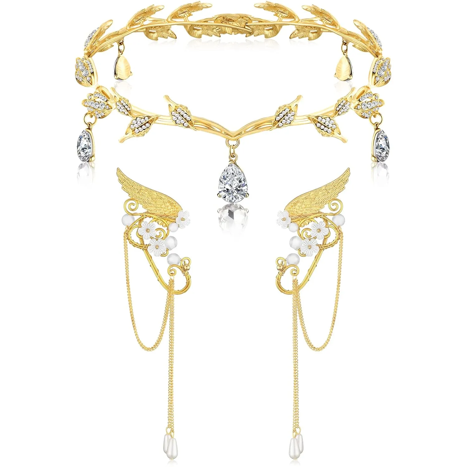 Hicarer Fairy Leaf Crown Headpiece Elf Ears Cuffs Rhinestone Elven Wings Tiara for Wedding Party Cosplay Costume Accessories(Gold)