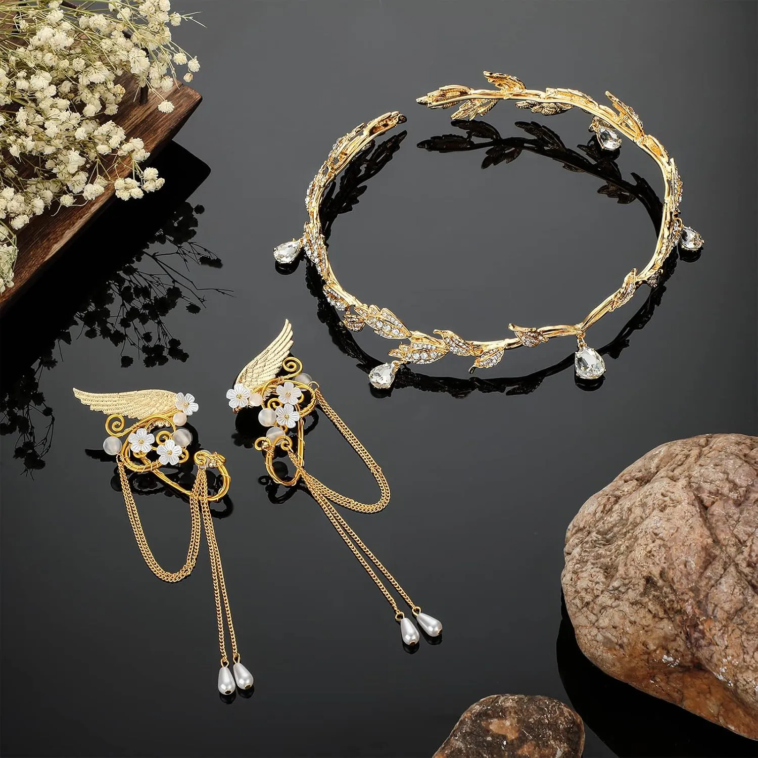 Hicarer Fairy Leaf Crown Headpiece Elf Ears Cuffs Rhinestone Elven Wings Tiara for Wedding Party Cosplay Costume Accessories(Gold)