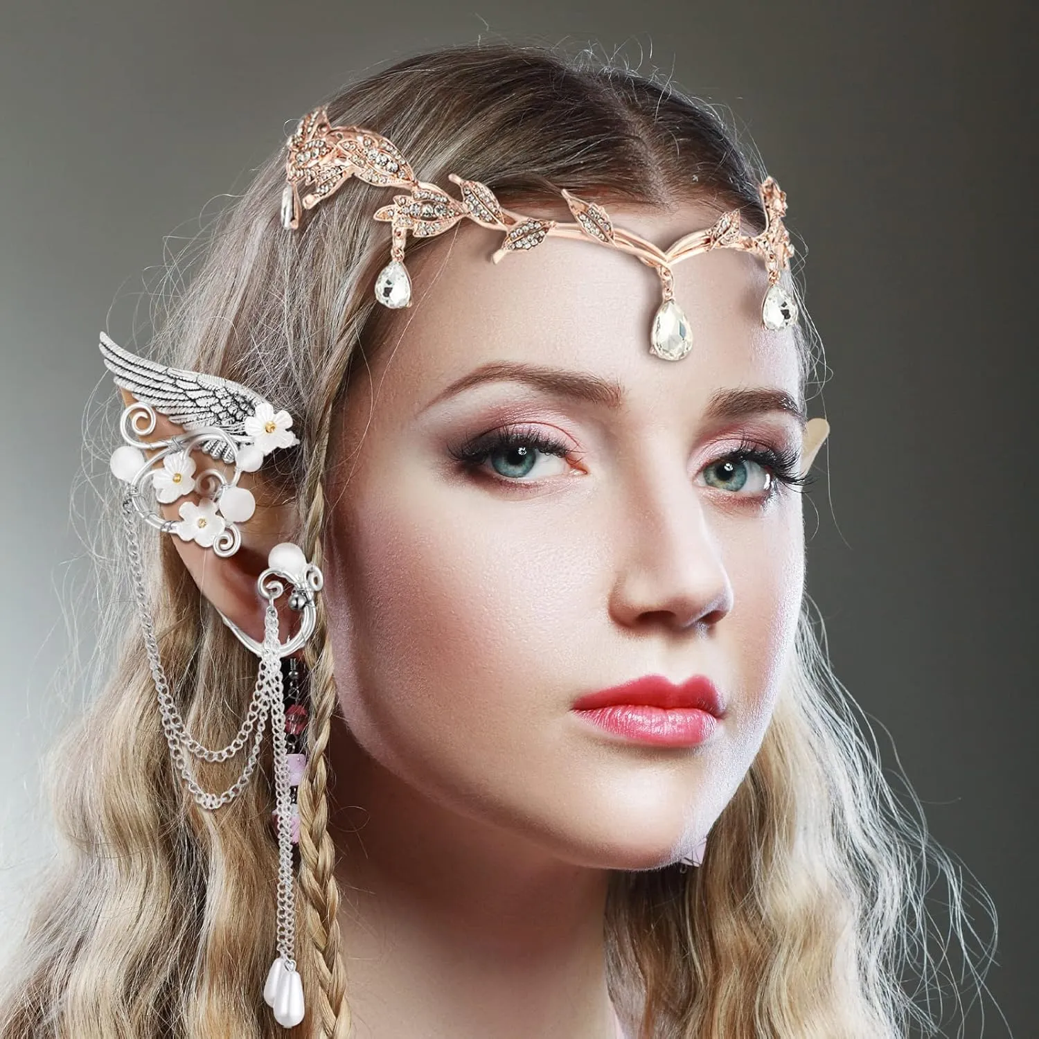 Hicarer Fairy Leaf Crown Headpiece Elf Ears Cuffs Rhinestone Elven Wings Tiara for Wedding Party Cosplay Costume Accessories(Rose Gold, Silver)