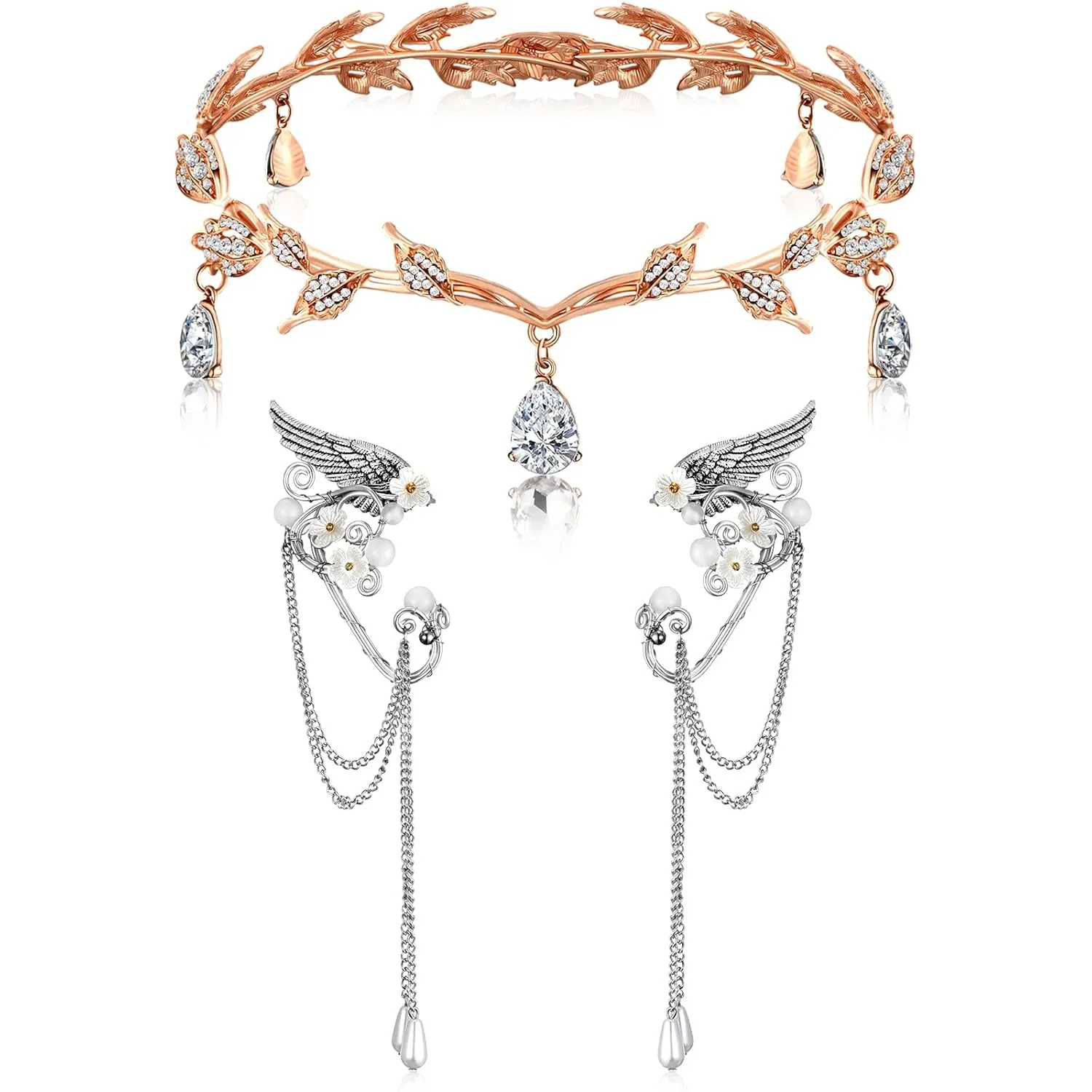 Hicarer Fairy Leaf Crown Headpiece Elf Ears Cuffs Rhinestone Elven Wings Tiara for Wedding Party Cosplay Costume Accessories(Rose Gold, Silver)
