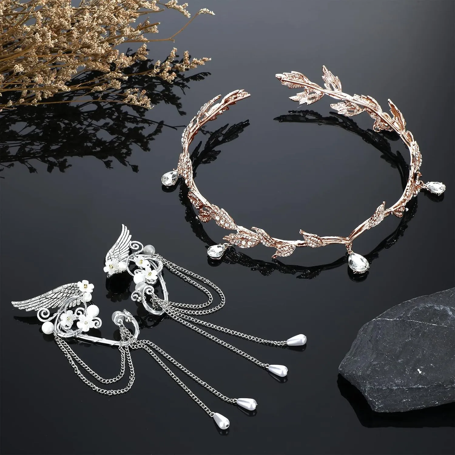 Hicarer Fairy Leaf Crown Headpiece Elf Ears Cuffs Rhinestone Elven Wings Tiara for Wedding Party Cosplay Costume Accessories(Rose Gold, Silver)