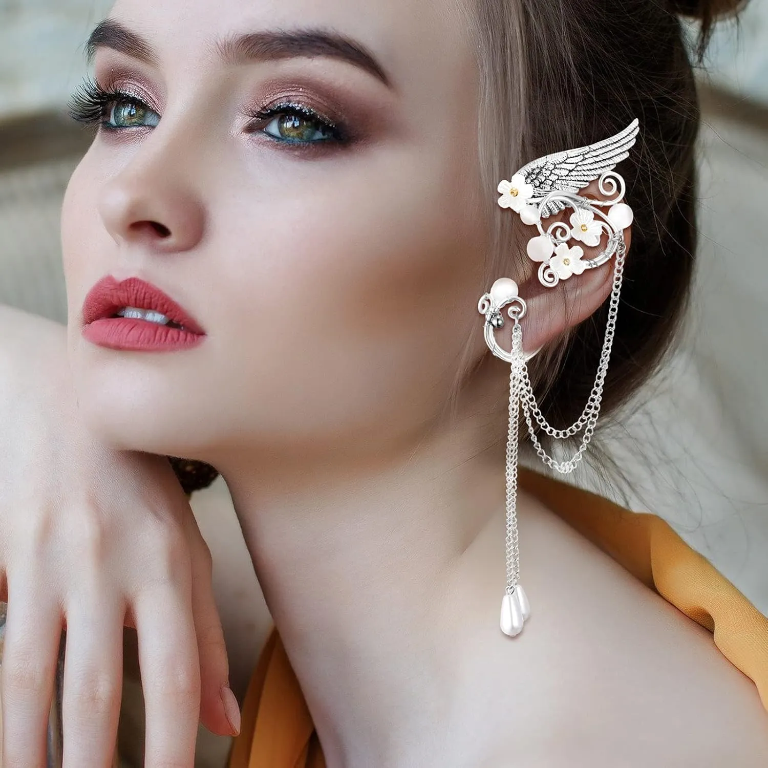 Hicarer Fairy Leaf Crown Headpiece Elf Ears Cuffs Rhinestone Elven Wings Tiara for Wedding Party Cosplay Costume Accessories(Rose Gold, Silver)