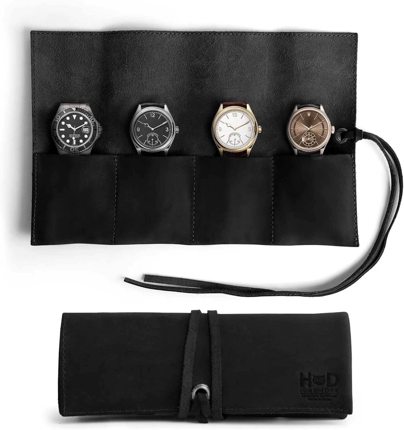 Hide & Drink, Leather Watch Roll Organizer Handmade from Full Grain Leather, Holds Up to 4 Watches, Easy Carry On Watchlover Storage (Charcoal Black)