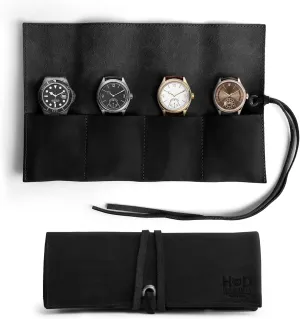 Hide & Drink, Leather Watch Roll Organizer Handmade from Full Grain Leather, Holds Up to 4 Watches, Easy Carry On Watchlover Storage (Charcoal Black)