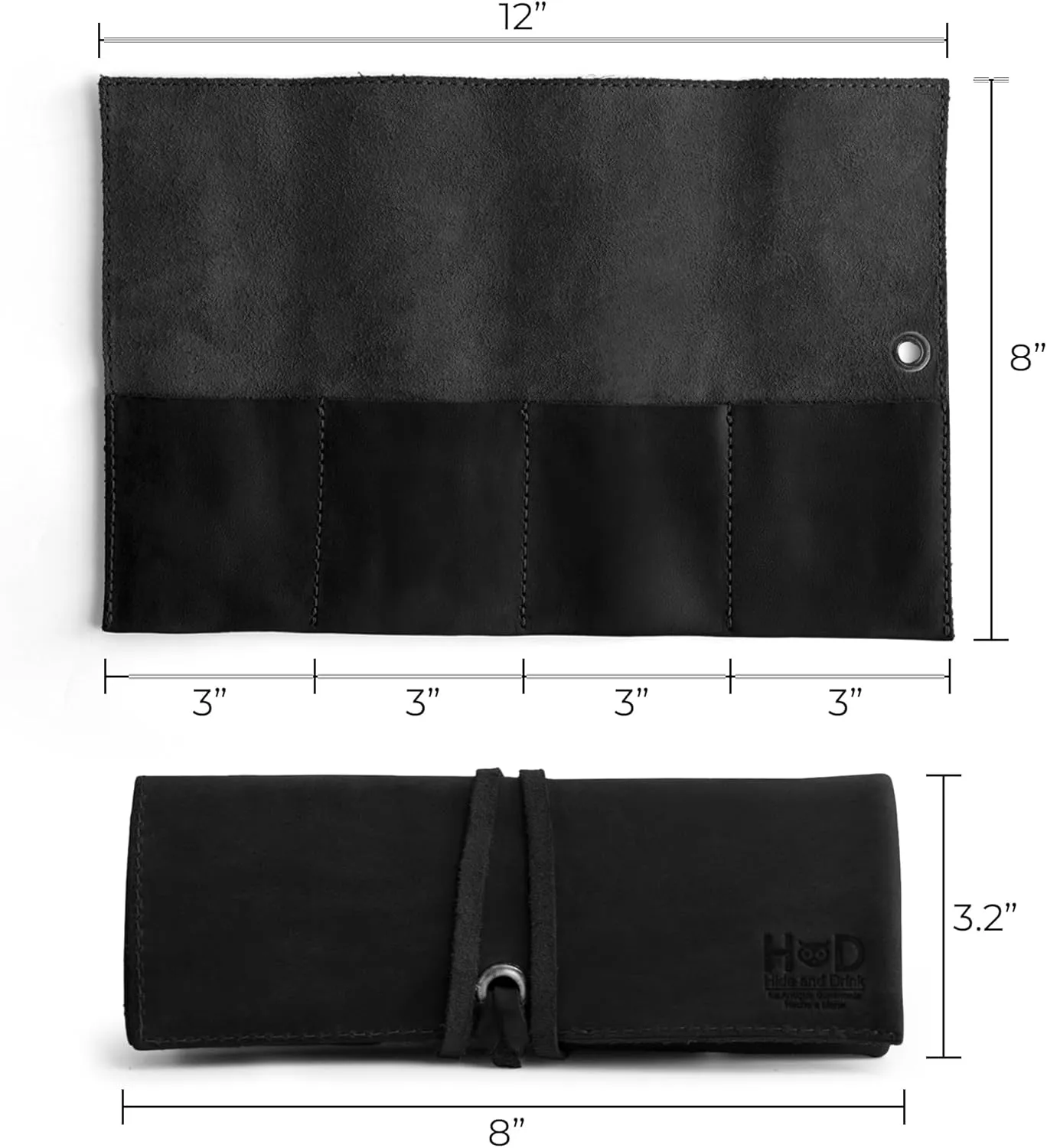 Hide & Drink, Leather Watch Roll Organizer Handmade from Full Grain Leather, Holds Up to 4 Watches, Easy Carry On Watchlover Storage (Charcoal Black)
