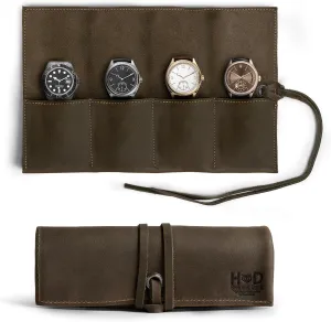Hide & Drink, Leather Watch Roll Organizer Handmade from Full Grain Leather, Holds Up to 4 Watches, Easy Carry On Watchlover Storage (Dark Jade)