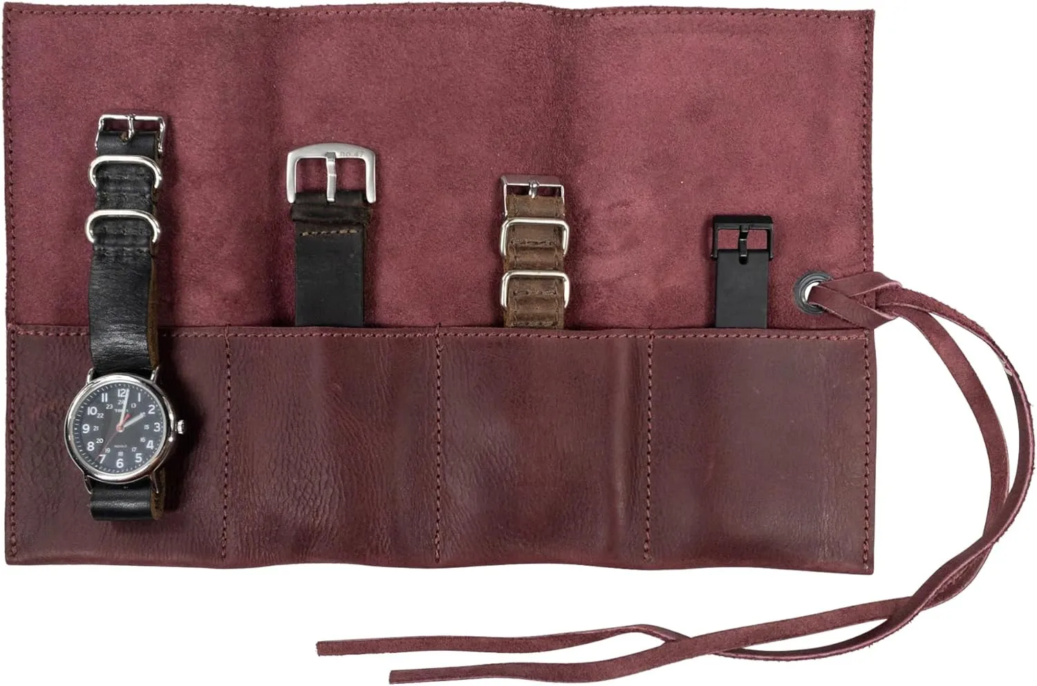 Hide & Drink, Leather Watch Roll Organizer Handmade from Full Grain Leather, Holds Up to 4 Watches, Easy Carry On Watchlover Storage (Sangria)