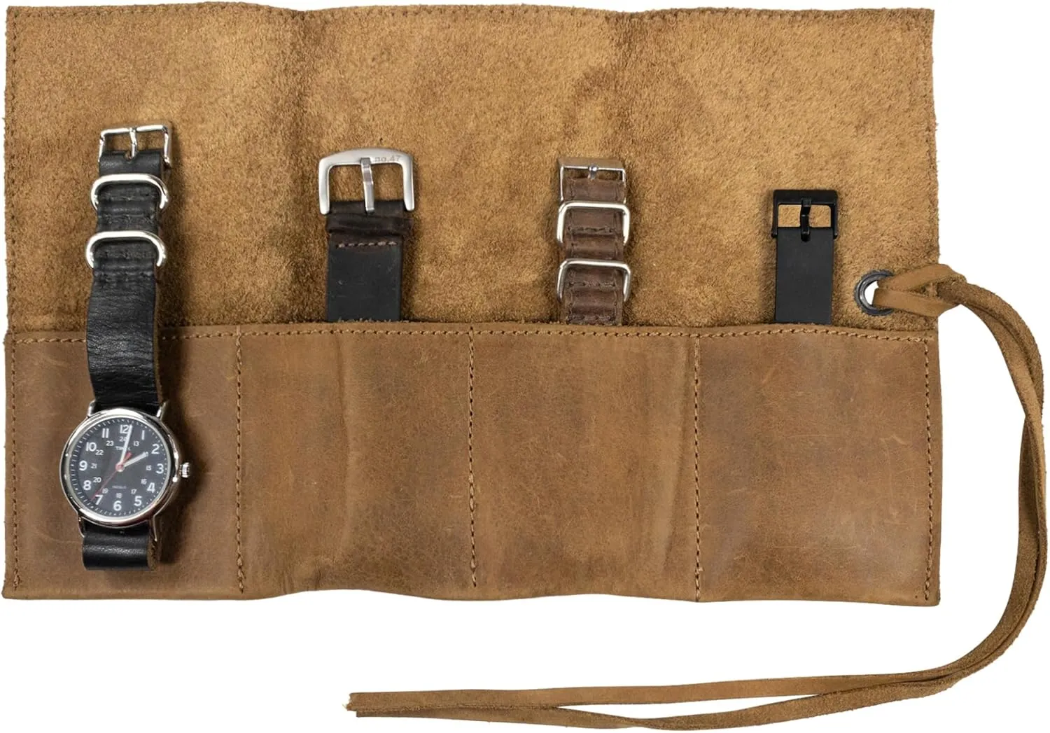 Hide & Drink, Leather Watch Roll Organizer Handmade from Full Grain Leather, Holds Up to 4 Watches, Easy Carry On Watchlover Storage (Single Malt Mahogany)