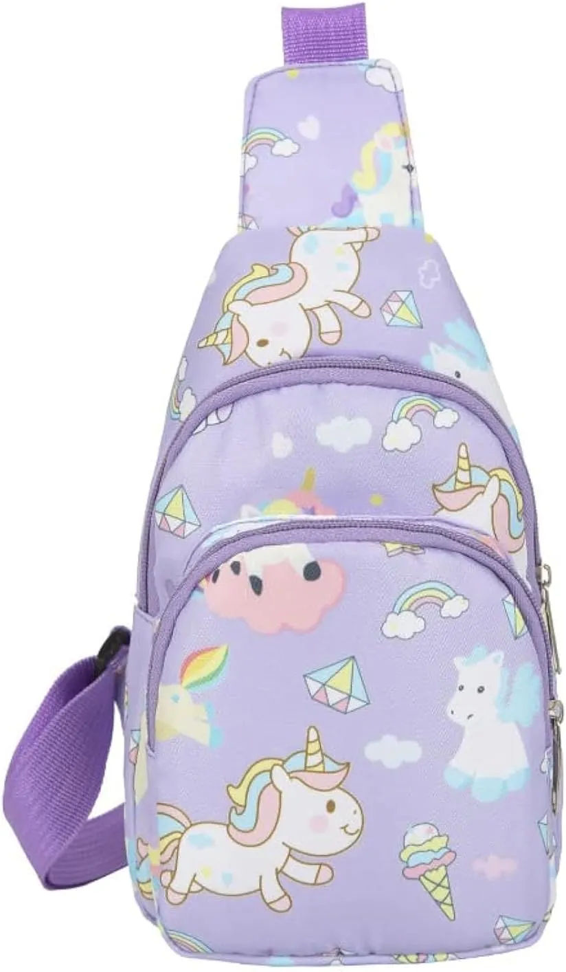 Hiflyer Kids Crossbody Bag - Small Nylon Sling Bag for Travel, Cartoon Design (Purple)
