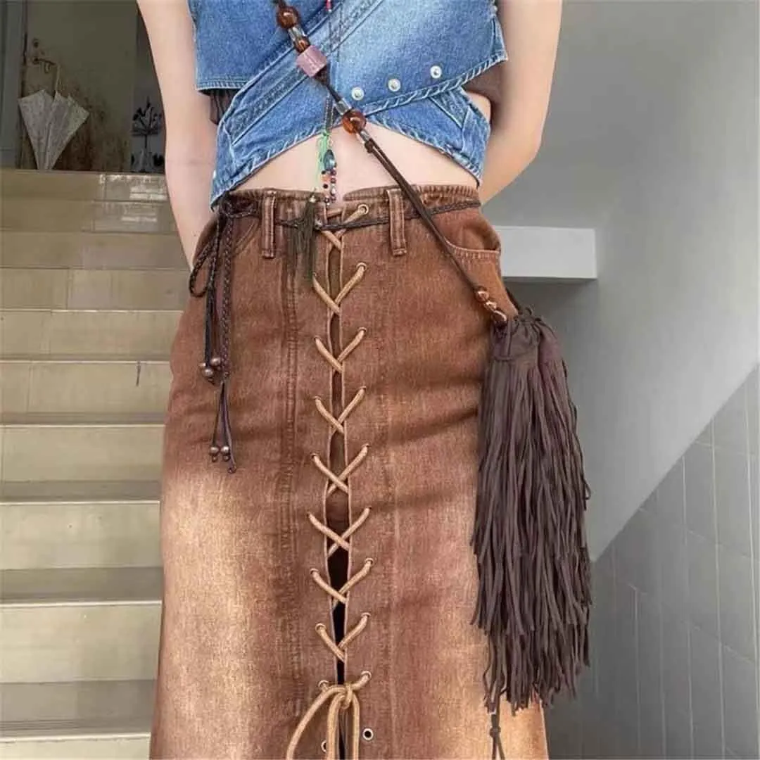 High Waisted Denim Skirt Women Hip-Wrap Split Midi Skirt Vintage Harajuku Lace-Up Thin A Line Skirts