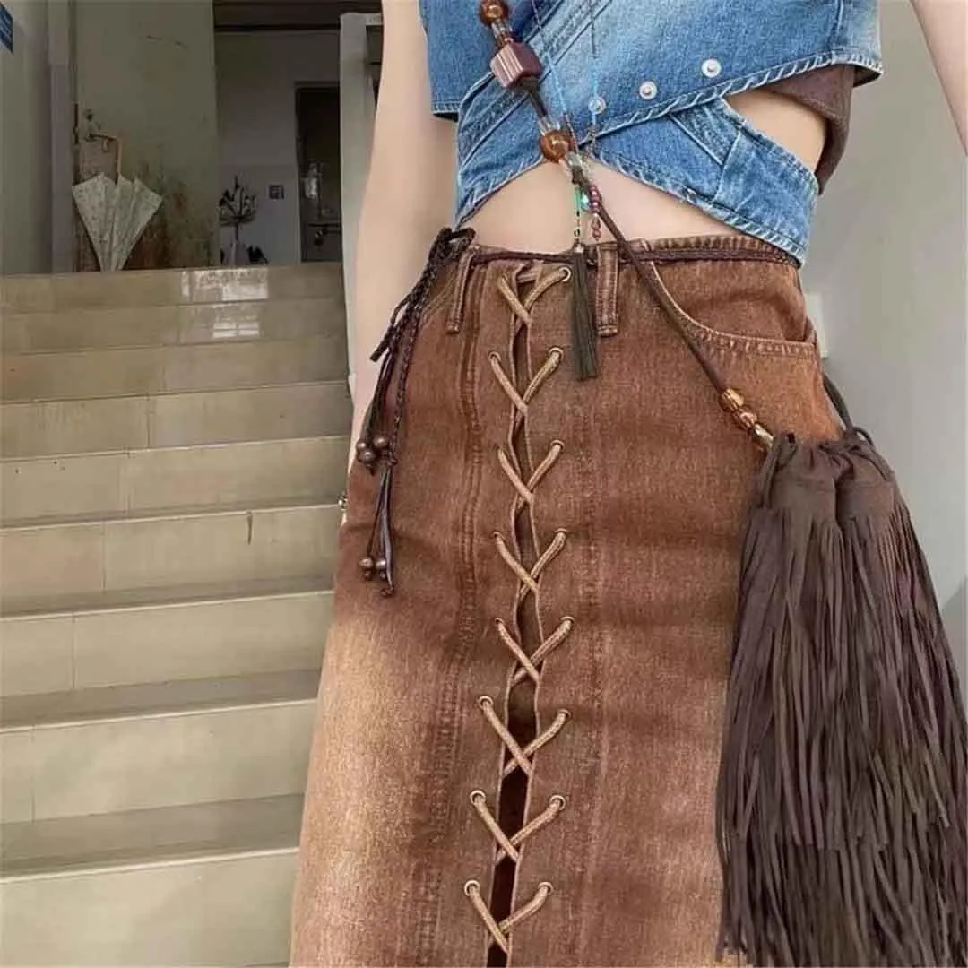 High Waisted Denim Skirt Women Hip-Wrap Split Midi Skirt Vintage Harajuku Lace-Up Thin A Line Skirts