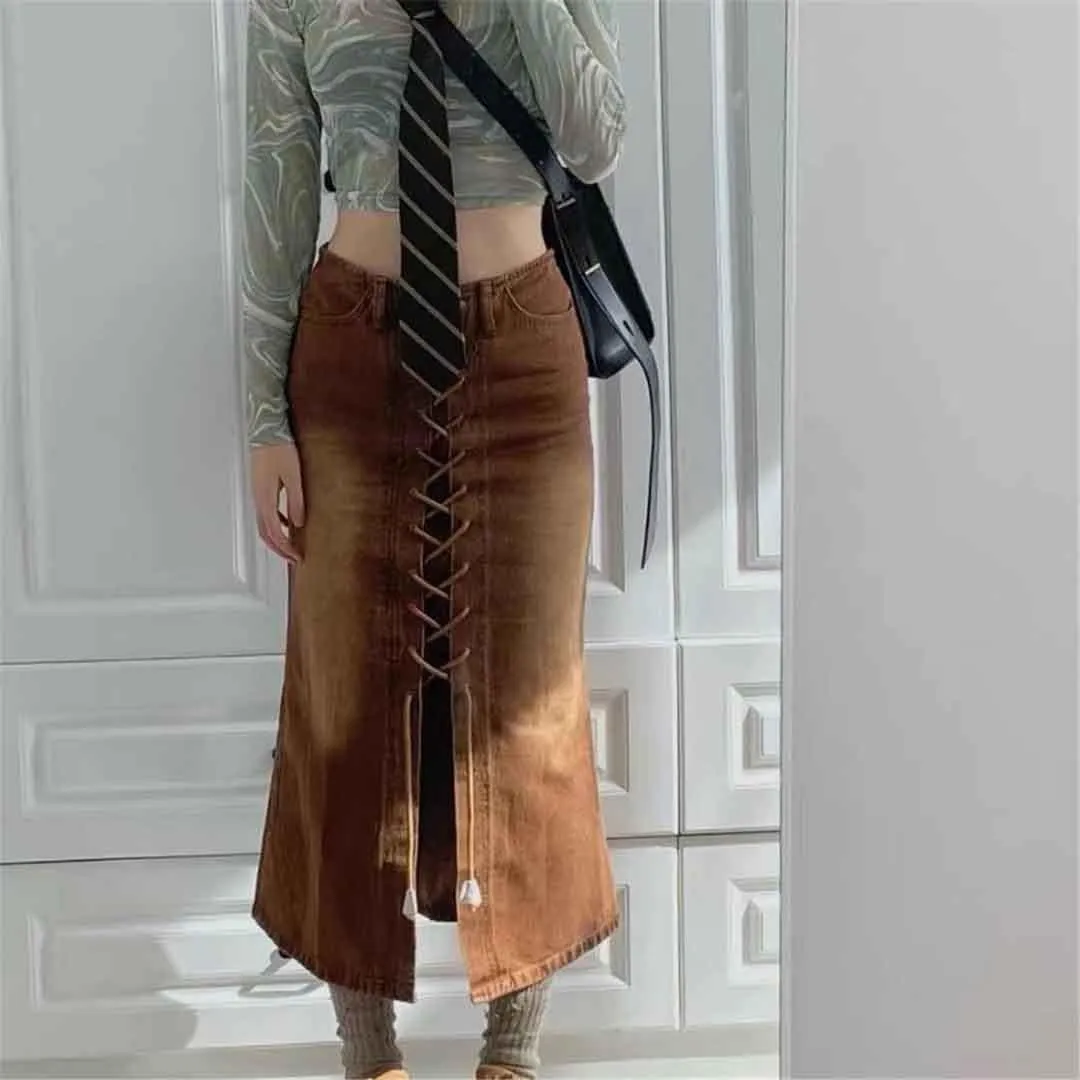 High Waisted Denim Skirt Women Hip-Wrap Split Midi Skirt Vintage Harajuku Lace-Up Thin A Line Skirts