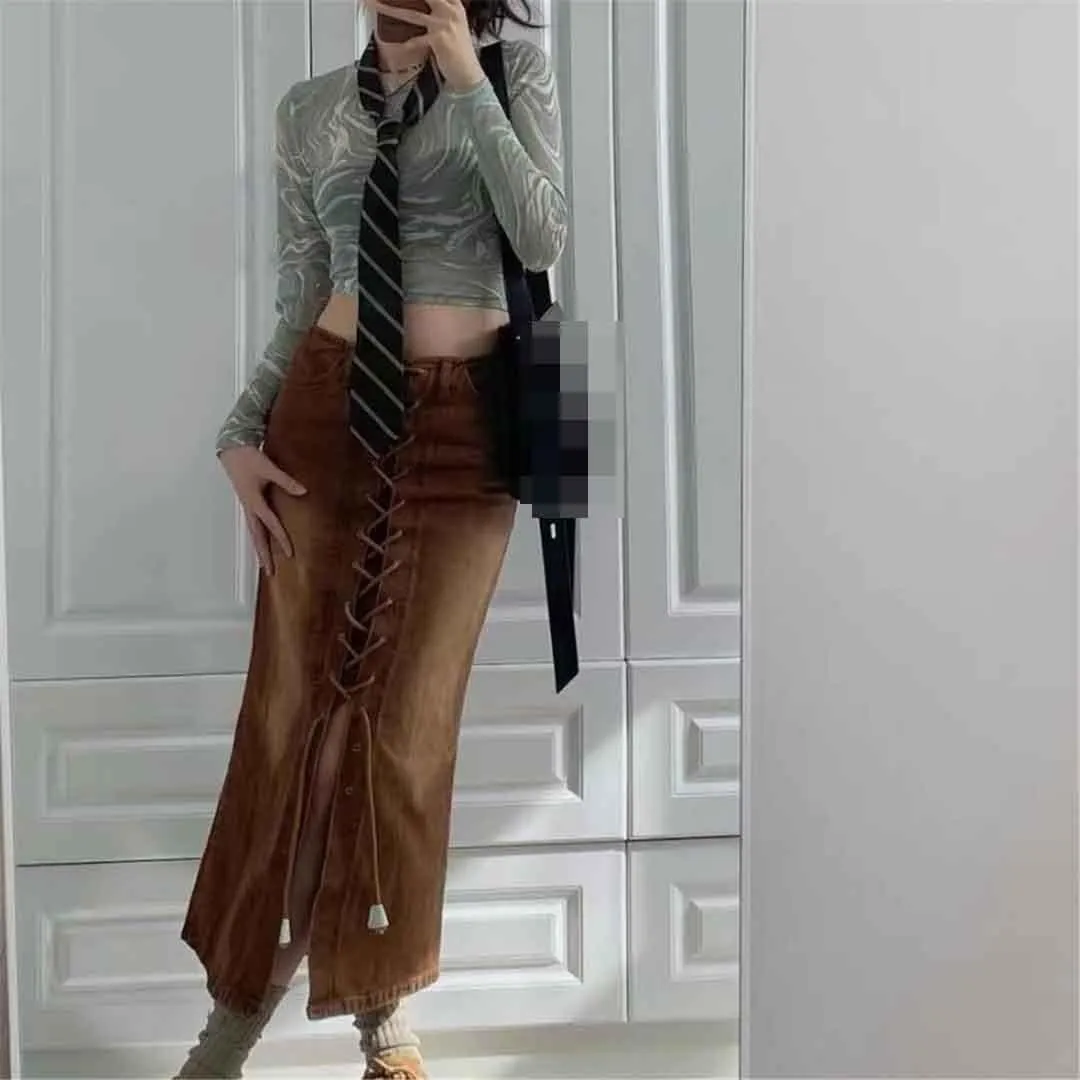 High Waisted Denim Skirt Women Hip-Wrap Split Midi Skirt Vintage Harajuku Lace-Up Thin A Line Skirts