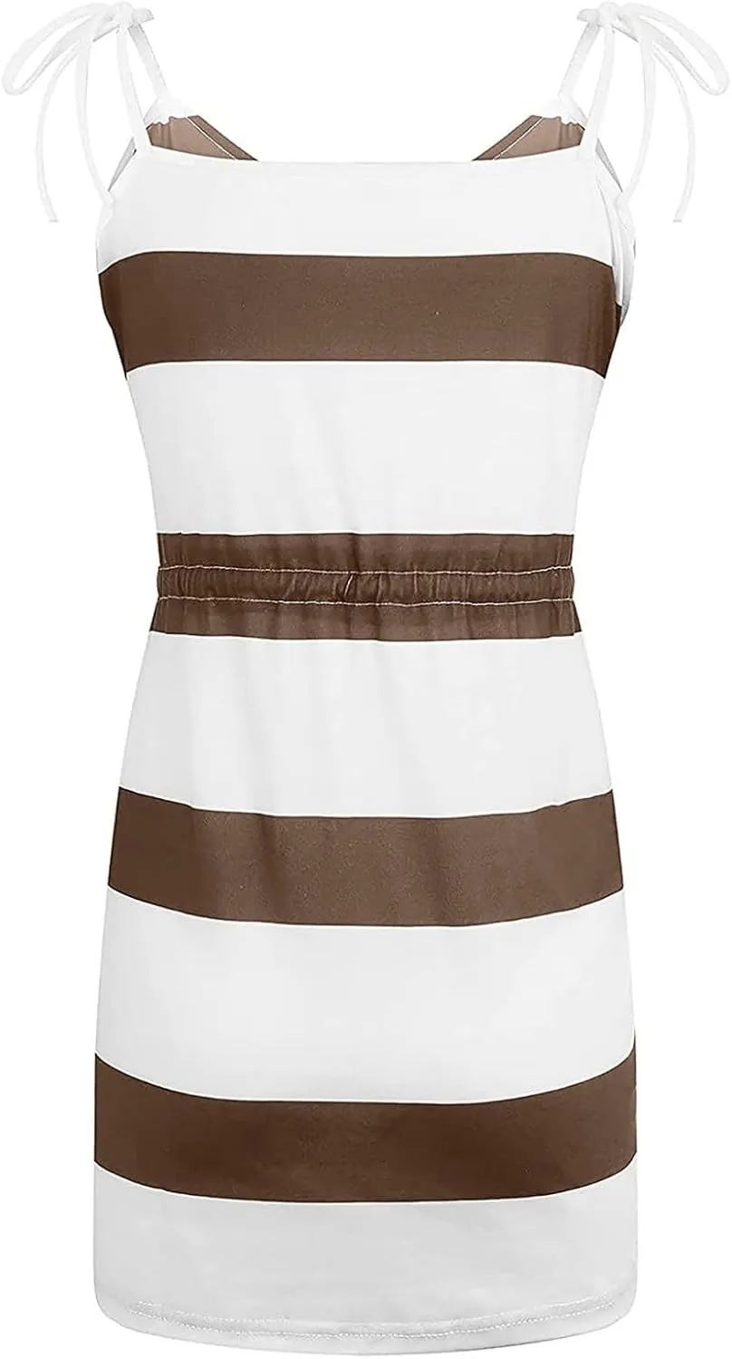 hlysgo Sundresses for Women 2025 Summer Casual Sleeveless V Neck Mini Dresses Drawstring Waist Stripes Dress with Pockets
