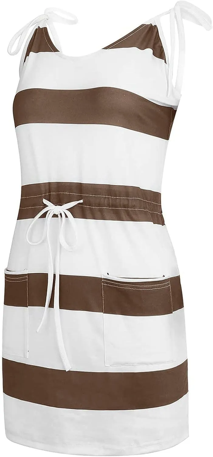 hlysgo Sundresses for Women 2025 Summer Casual Sleeveless V Neck Mini Dresses Drawstring Waist Stripes Dress with Pockets