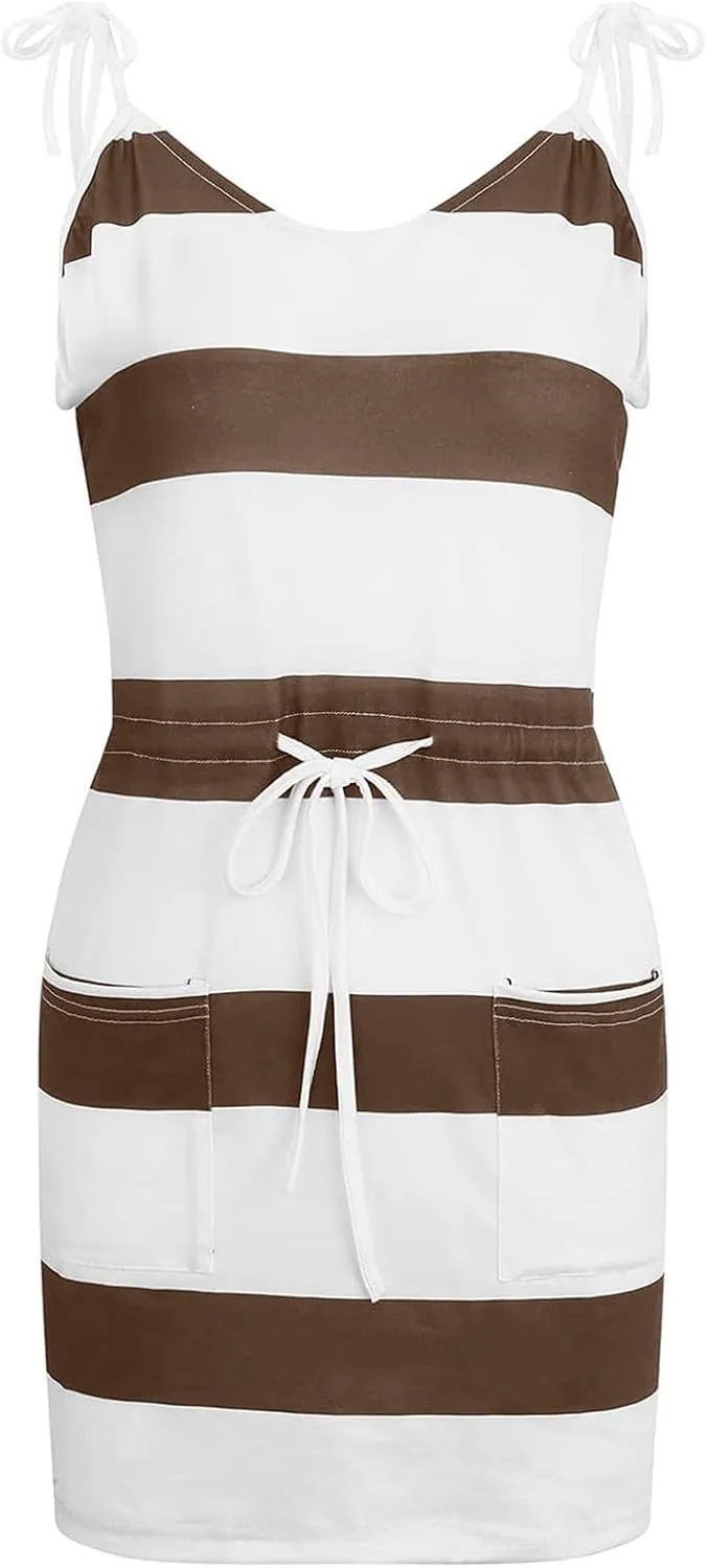 hlysgo Sundresses for Women 2025 Summer Casual Sleeveless V Neck Mini Dresses Drawstring Waist Stripes Dress with Pockets