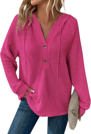 Hoodies for Women Waffle Knit Long Sleeve Drawstring Button V Neck Casual Pullover Sweatshirt Hooded Sweaters Tops