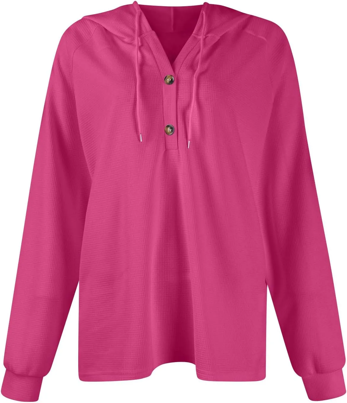 Hoodies for Women Waffle Knit Long Sleeve Drawstring Button V Neck Casual Pullover Sweatshirt Hooded Sweaters Tops