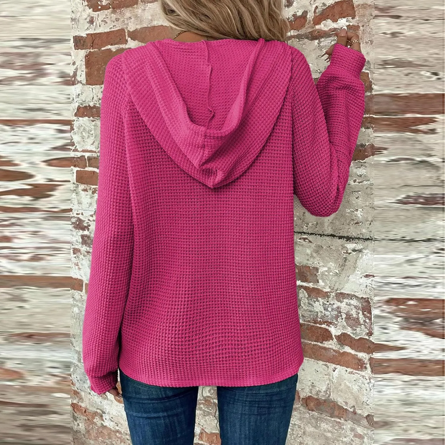 Hoodies for Women Waffle Knit Long Sleeve Drawstring Button V Neck Casual Pullover Sweatshirt Hooded Sweaters Tops