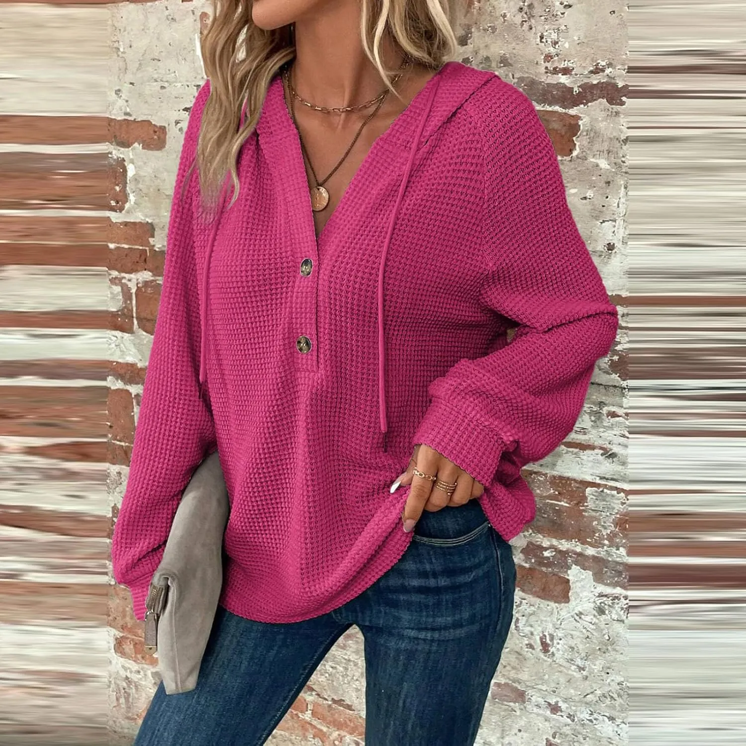 Hoodies for Women Waffle Knit Long Sleeve Drawstring Button V Neck Casual Pullover Sweatshirt Hooded Sweaters Tops