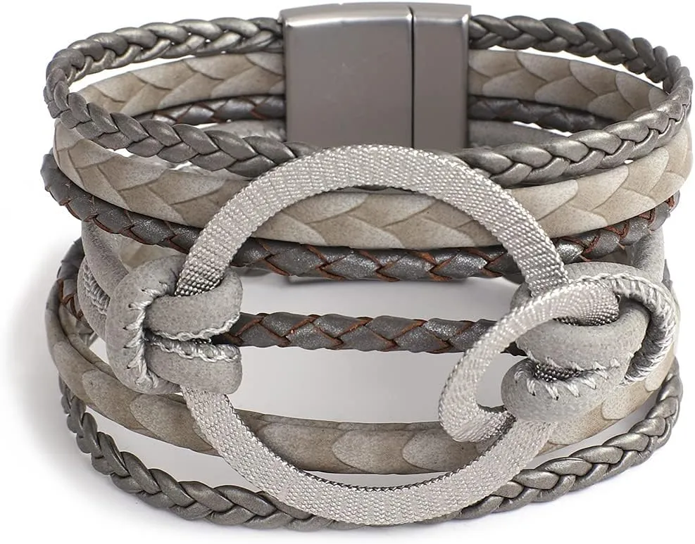 hotoo Leather Wrap Bracelet for Women Boho Leather Bracelet Gold Metal Circle Cuff Bracelets Layered Handmade Braided Bangle Bracelets for Women Teen Girl Bohemian Jewelry with Buckle