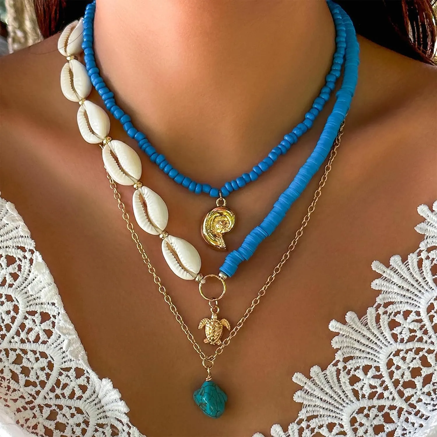 HUASAI Shell Necklace for Women Trendy Layered Starfish Necklace White Seashell Jewelry Summer Outfits for Women Beach Jewelry Accessories Beach Vacation Essentials